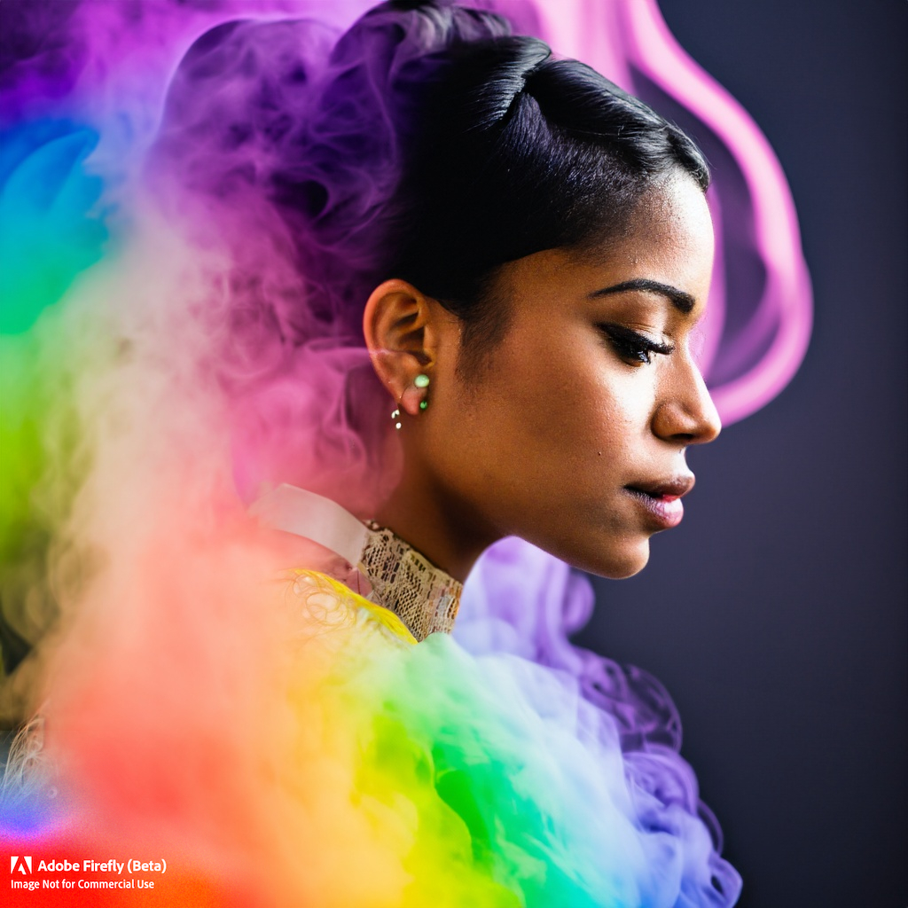 Text to Image prompt women with rainbow swirls of smoke overlay